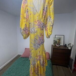Kobi Halperin Yellow Floral Long Sleeve Dress puff sleeve worn to wedding once